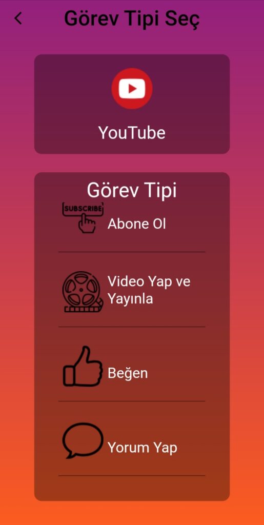 Çorap Reklam Youtube Görev Tipi Seçme Ekranı